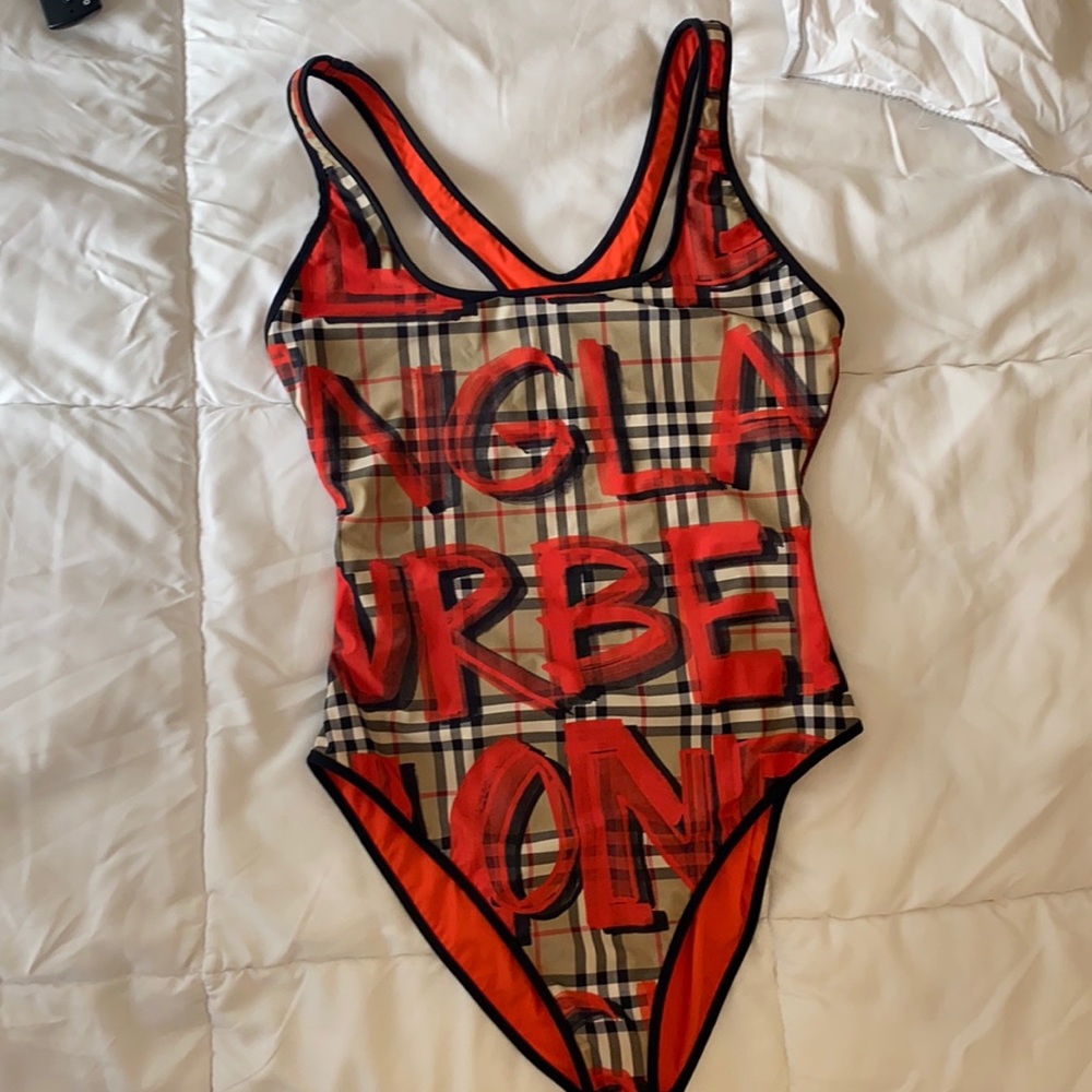 Burberry Red Graffiti Print Vintage Check Swimsuit